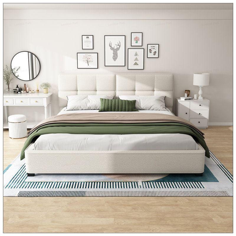 King Button Headboard Boucle Bed Frames, Beige, King