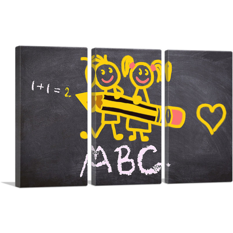 «Kids Alphabet Dessin on Chalkboard School Decor», ensemble de 3 reproductions d'art sur toile tendue