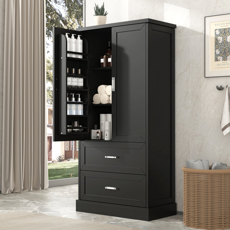 Armoire de rangement haute pour salle de bain, armoire avec deux portes et tiroirs, tablette réglable, panneau de fibres à densité moyenne, noir