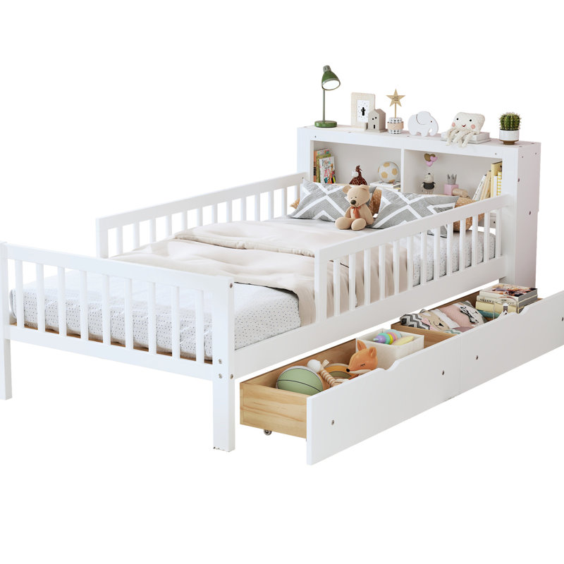 Lit simple avec rangement pour tête de lit et garde-corps, Blanc