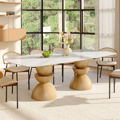 9 Pcs 94"L Mid-Century Farmhouse Solid Wood Double Pedestal Base & Rectangular Sintered Stone Dining Table Sets With Comfort PU Leather Kitchen Chairs