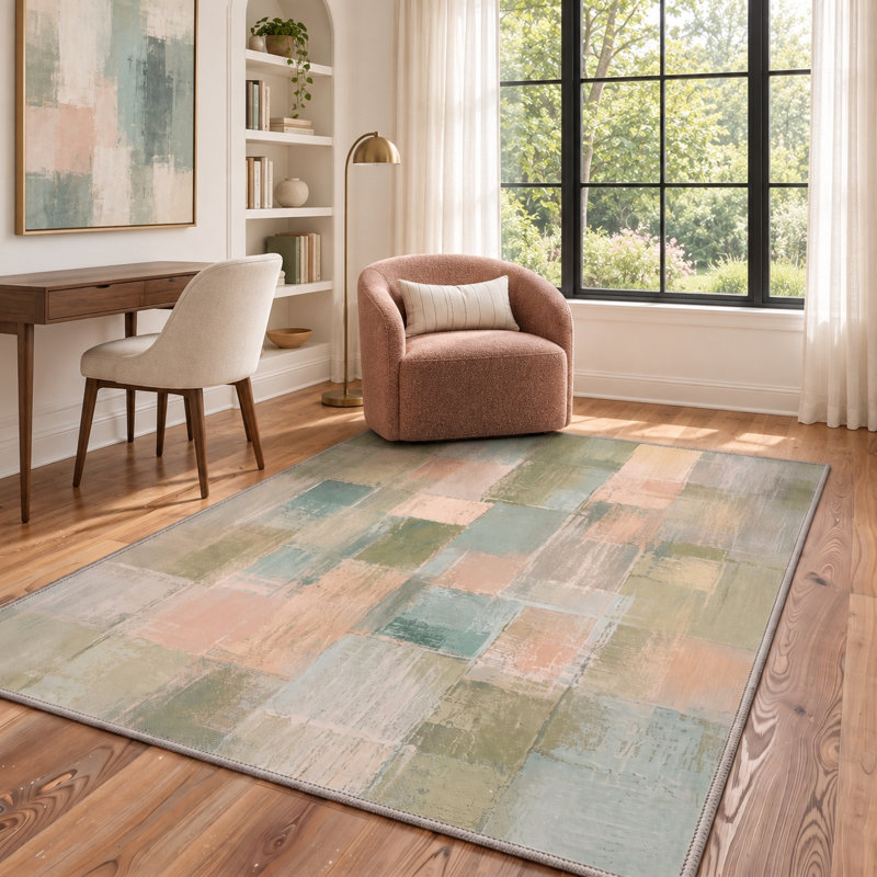 Tapis de sol abstrait en blocs de couleur, lavable à la machine, vert sauge et beige, avec envers antidérapant
