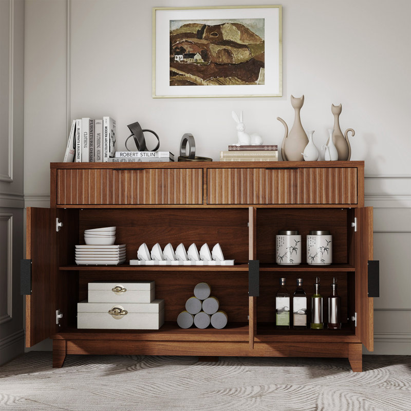 47" Modern Fluted Buffet Cabinet, 2 Drawers + Adjustable Shelves – Large Storage for Dining Room, Living Room, Walnut