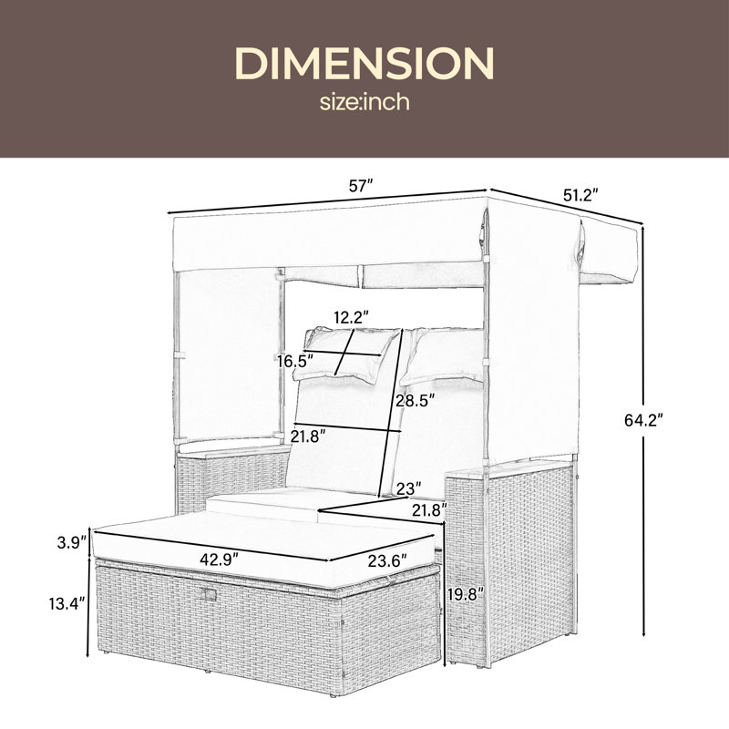 Lit de jour d'extérieur avec coussins 57 po Armancourt, Beige, Noir