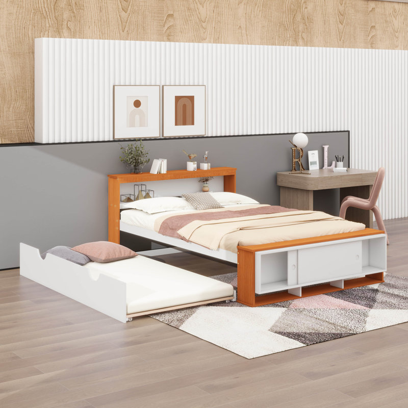 Lit plateforme double avec lit gigogne, Blanc / Naturel