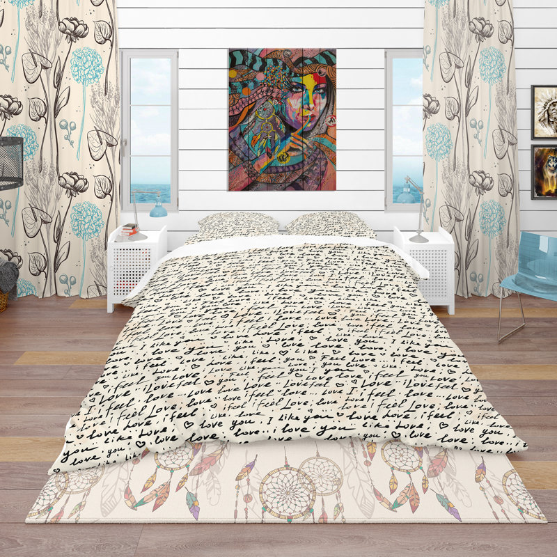 I feel LOVE Text Pattern - Vintage Abstract Duvet Cover Set - Microfiber Polyester, Twin Duvet Cover + 1 Sham