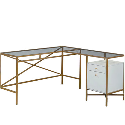 Bureau en L avec plateau en verre, finition blanche