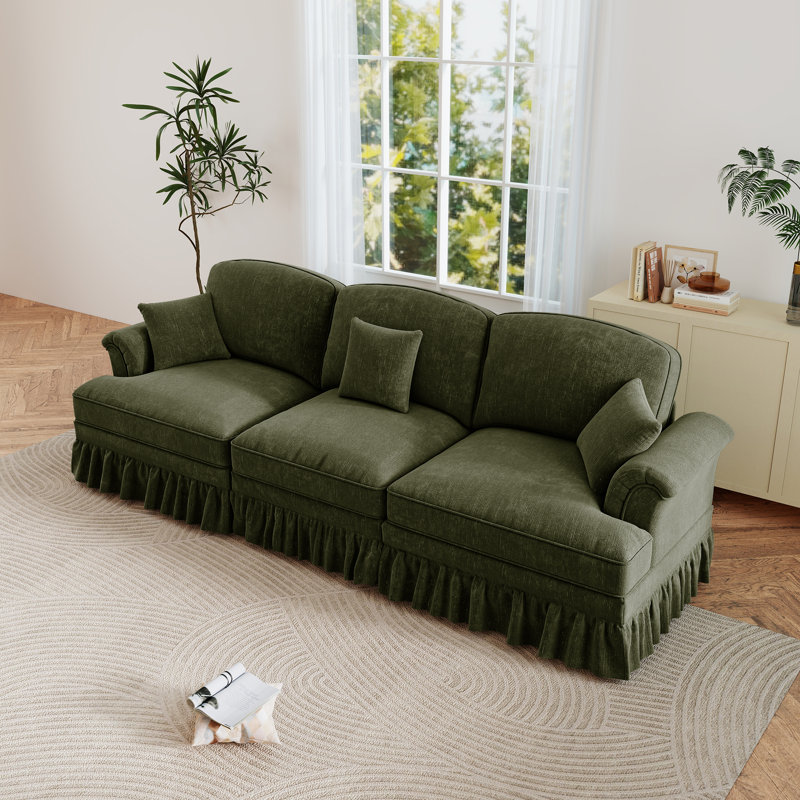 Mid Century Upholstered Loveseat,Three Seater Sofa Couch With Flared Arms And Removable Ruffles Pleats Skirts, Green