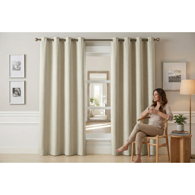 Rideau Adella 100 % coton naturel chiné - 132 x 213 cm - Panneau de fenêtre à œillets isolant thermique pour une occultation totale