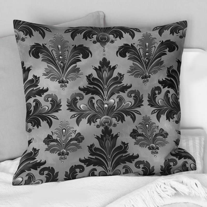 Coussin décoratif damassé Glam, H 16 po x l 16 po, Gris / Noir