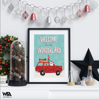 Retro Christmas Poster Winter Wonderland Santa Claus Elf Vintage Red Car Snowflake Wall Art Xmas Nostalgia Holiday Festive Decoration