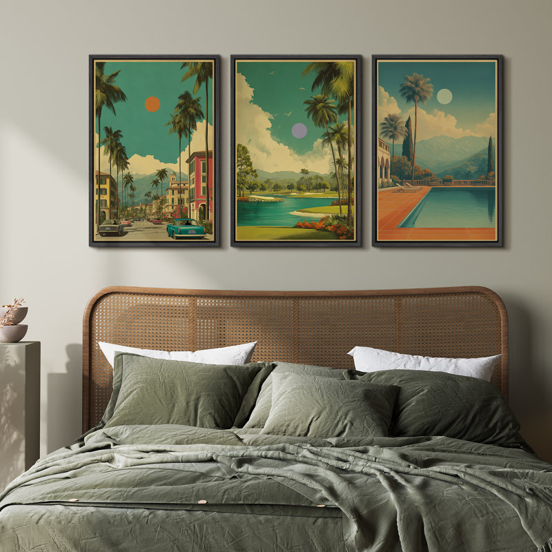 «Retro Palm Springs Landscape Mid-Century Modern Home Decor», ensemble de 3 impressions murales sur toile encadrées, Noir