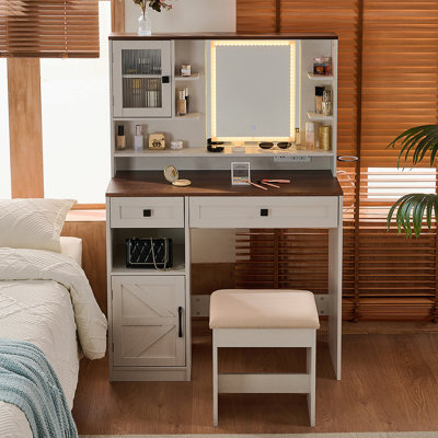 Farmhouse Makeup Vanity Desk With Mirror And Lights,Dressing Table Set With Charging Station And Stool,Drawers,Shelves And Side Cabinet,White