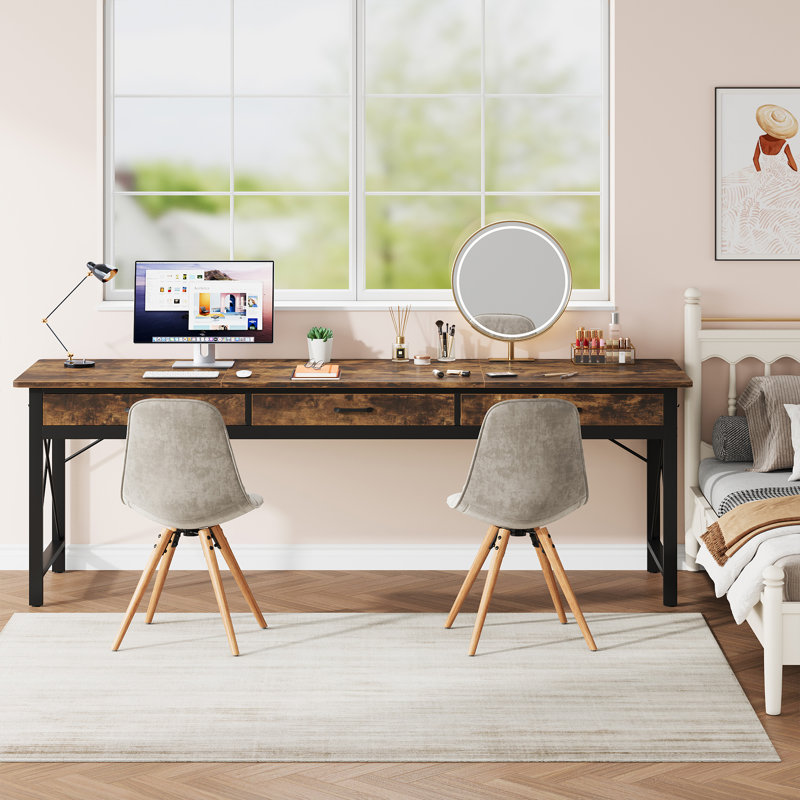 Tayesha 78.74'' W Double Computer Desk, Two Person Desk with 3 Drawers & 4 Hooks, Brown