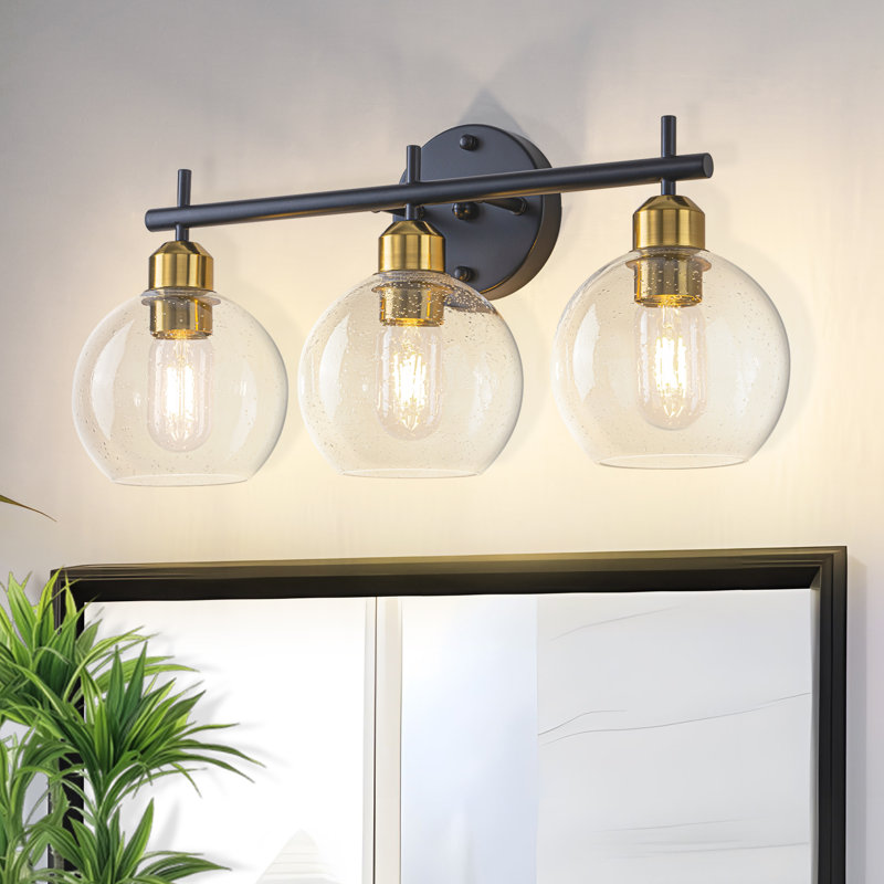 Éclairage de salle de bain à intensité variable 3 lumières avec globes en verre bullé, Noir mat / doré
