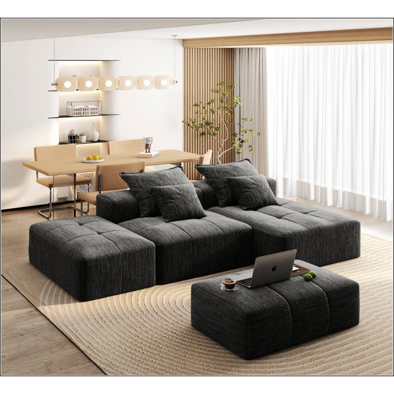 Canapé modulaire surdimensionné moderne avec repose-pieds, Velours côtelé noir