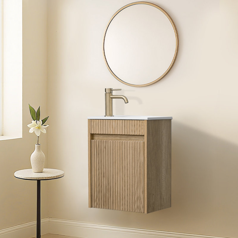 Meuble-lavabo mural 16 po avec lavabo en résine, conception flottante, Noyer, 16"