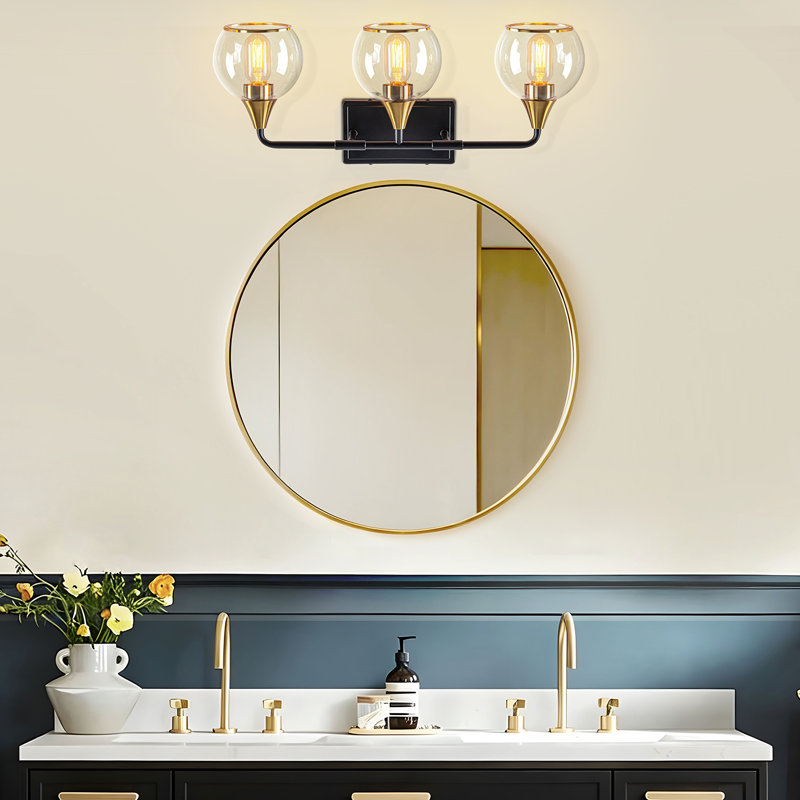 Éclairage pour salle de bain moderne à 3 lumières avec abat-jour en verre transparent, Noir mat / Or