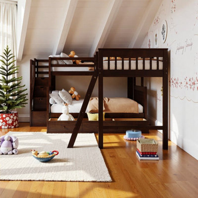 Lit superposé simple au-dessus d'un lit double en L avec 3 tiroirs, échelle et escalier, peu encombrant et durable