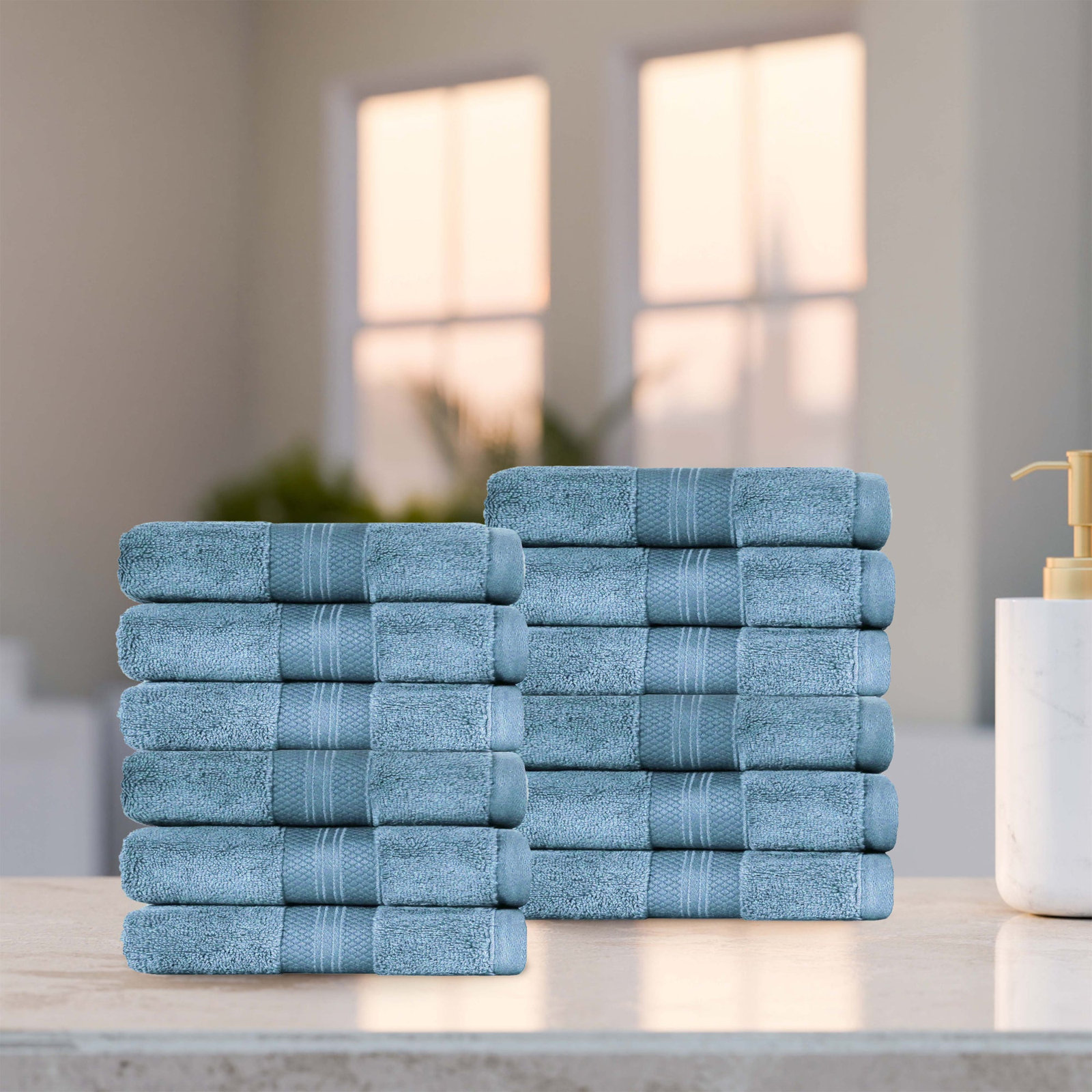 Finnian Turkish Cotton Bath Towel, Denim Blue, Washcloths - 12 Pack