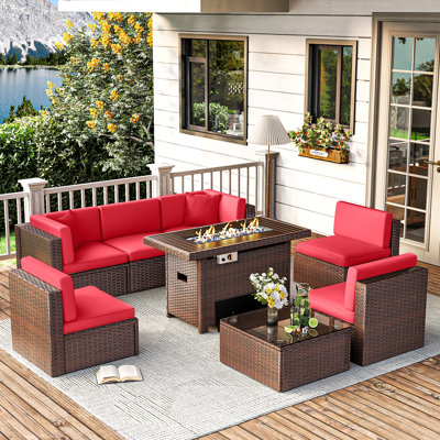 Caradog Wicker 6 - Person Patio Conversation Sets with Cushions Coffee Table and Fire Pit