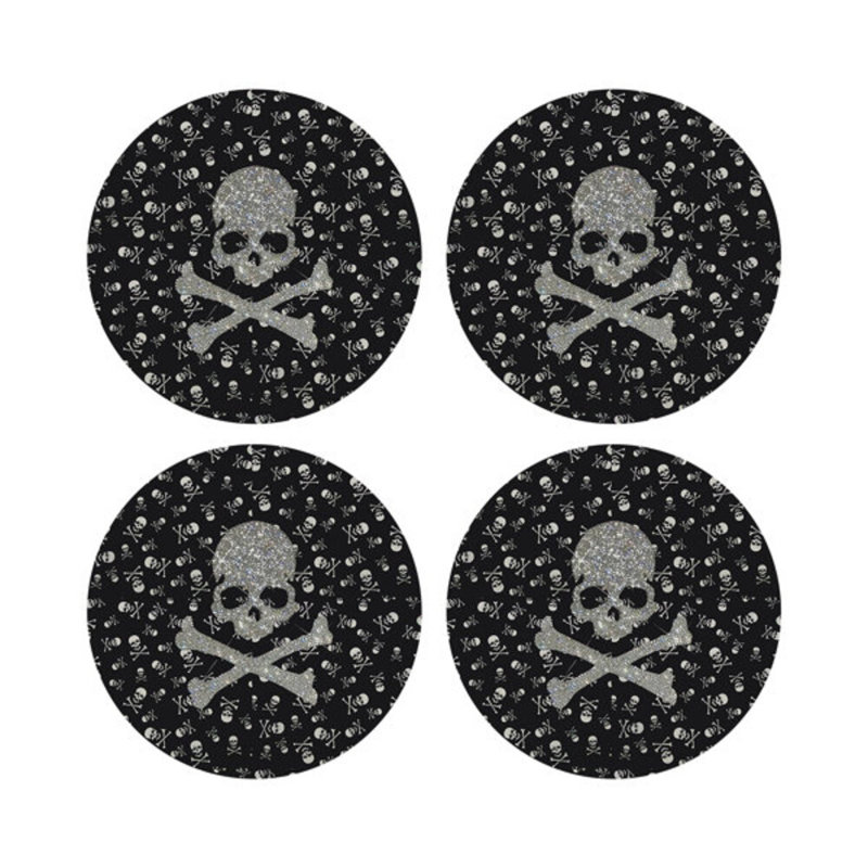 Crossbones Large Black Vegan Leather Round Coasters