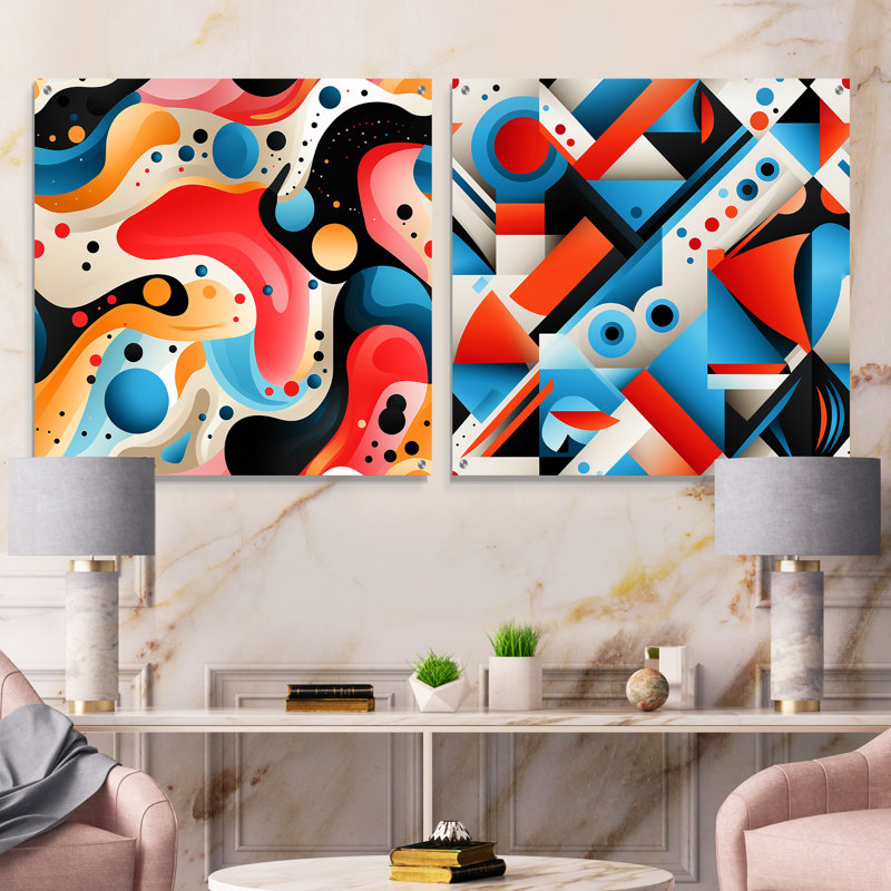 Rose et bleu Popart motifs à la mode I - ensemble abstrait géométrique acrylique en verre mural de 2, H 36 po x l 73 po