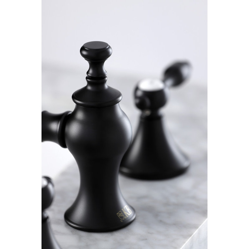 Kingston Brass Tudor Two-Handle 3-Hole Deck Mount Widespread Bathroom Faucet with Brass Pop-Up Drain, Matte Black