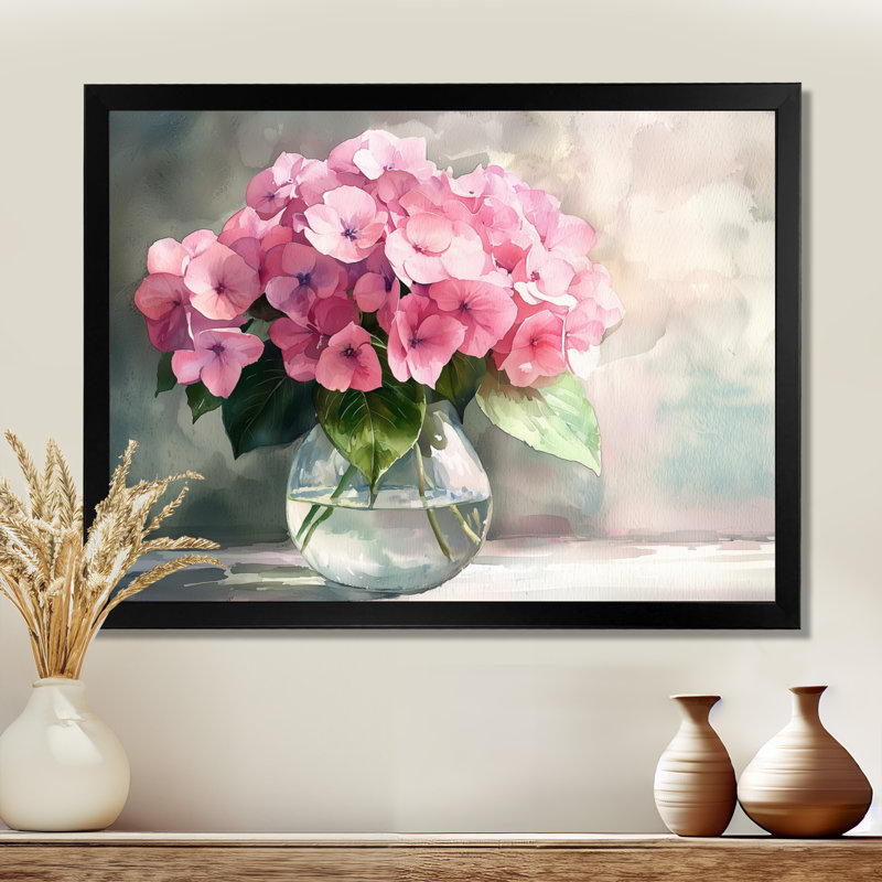 Hortensias dans un vase en verre III - hydrangées, art mural, H 12 po x l 20 po, Noir