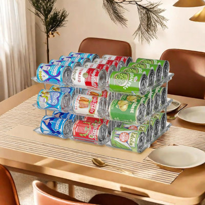 Organisateur de canettes pour garde-manger, support de boîte de conserve empilable à 3 niveaux | Roulage automatique, combinaison modulaire flexible, matériau transparent très épais, rangement pour comptoir de garde-manger