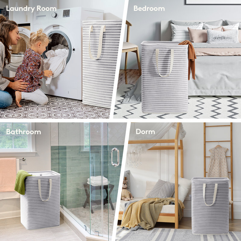 Gray Striped Large Collapsible Laundry Hampers with Handles