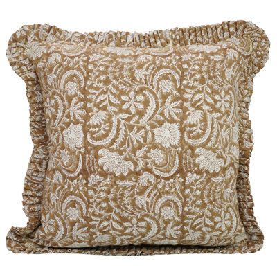 Fabdivine Handmade Floral Cotton Block Print 20X20 Inch Frill Pillow Cover, Throw Decor, Brown