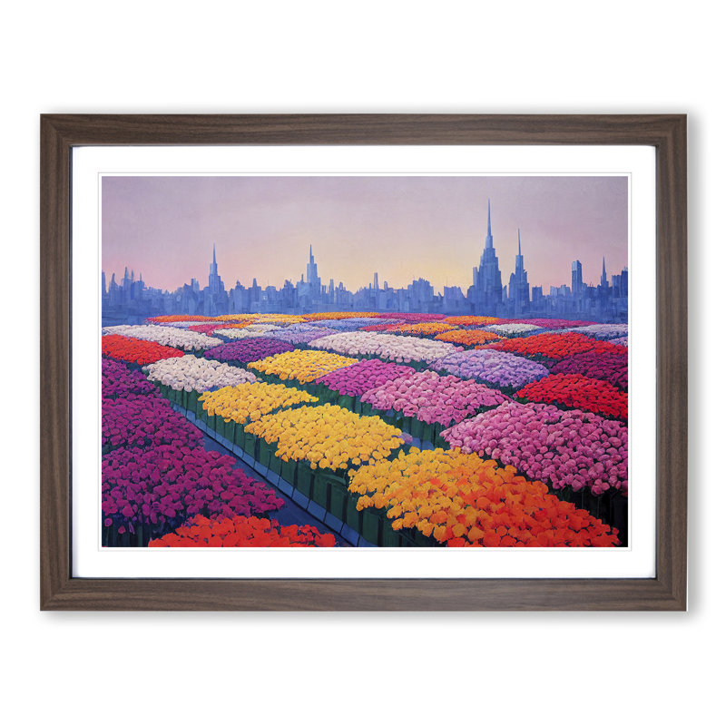 Cute Flower Market - Framed Print, 25cm H x 34cm W x 2cm D, Walnut