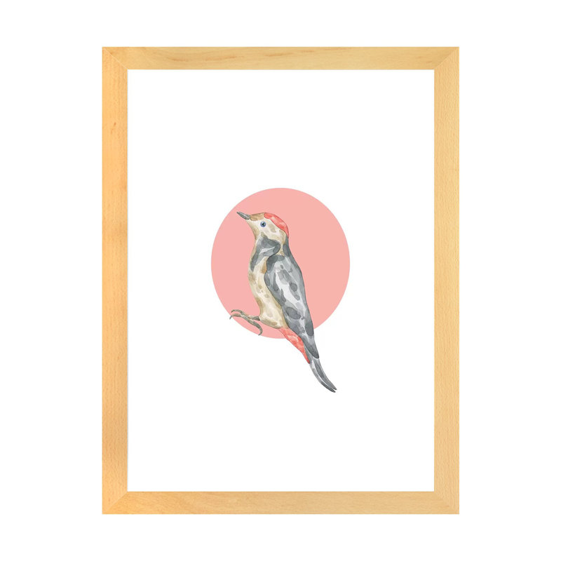Watercolor Bired with Red Circles - impression d'art graphique, Papier avec cadre beige, Blanc, H 24 po x l 16 po x P 1 po