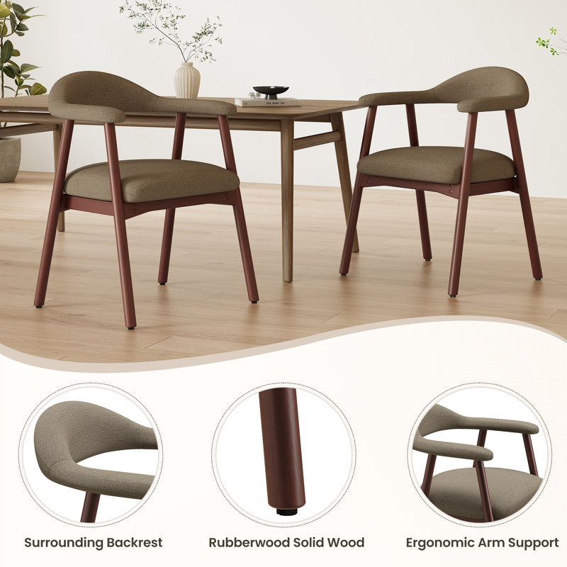 Upholstered Dining Armchairs With Solid Wood Legs, Fabric Camel
