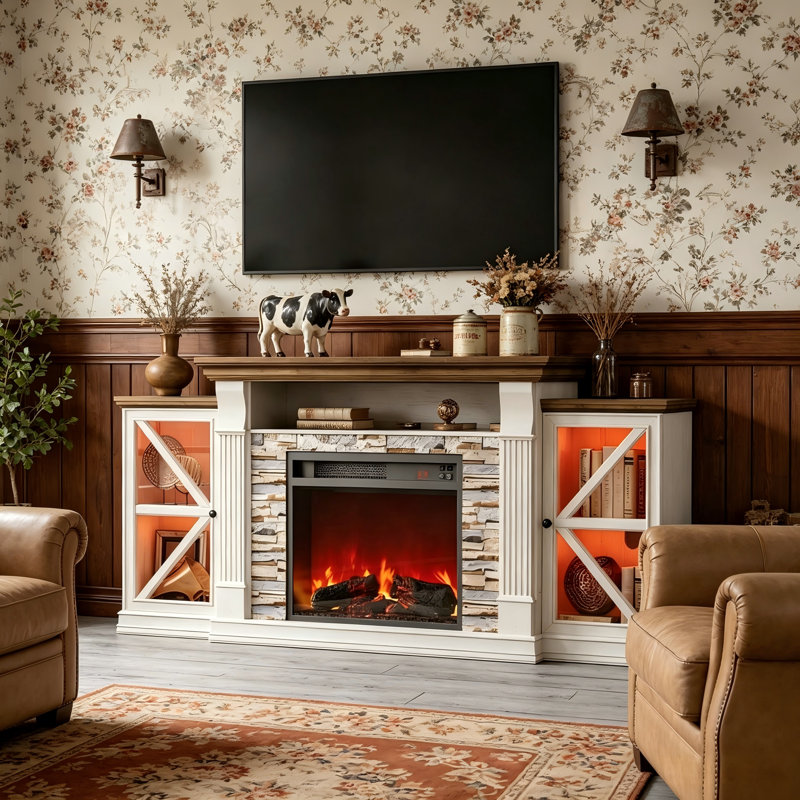 Farmhouse TV Stand for TVs up to 70'' With Electric Fireplace Included, Media Entertainment Center Console Table, Antique White