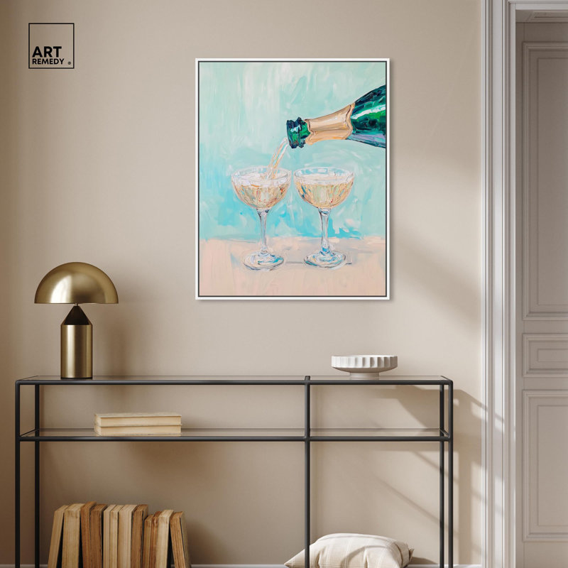 «Glasses Of Wine», plage, art côtier par Art Remedy, Cadre flottant blanc, H 31 po x l 25 po x P 1,8 po