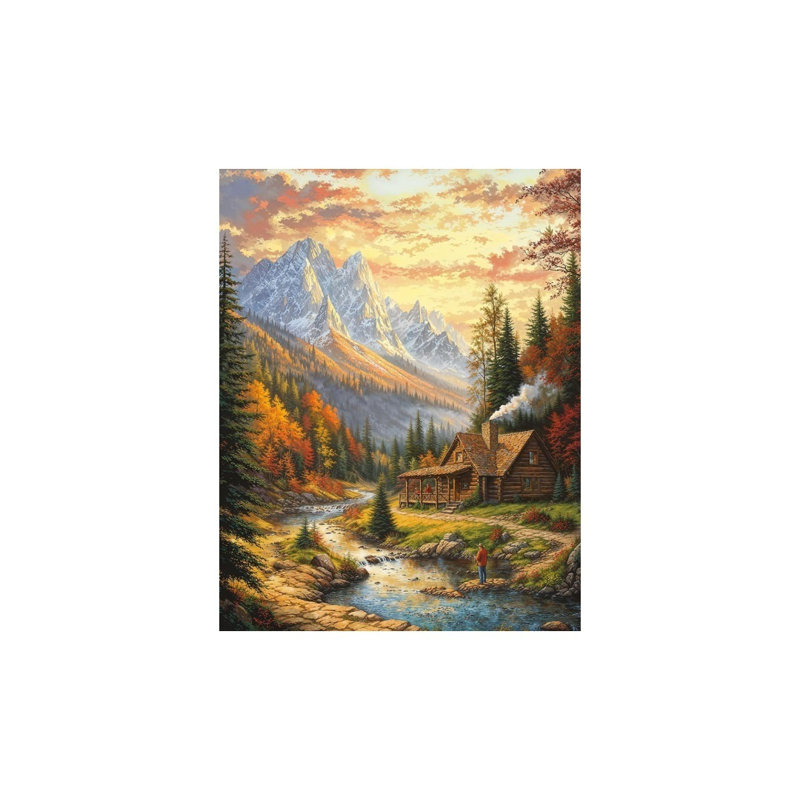 «Log Cabin Mountain River Fall Forest», art mural sans cadre, 16 x 20