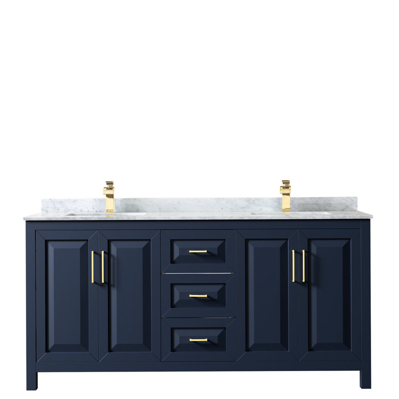 Daria 72'' W Double Vanity, White Cultured Marble, Dark Blue, Brushed Gold