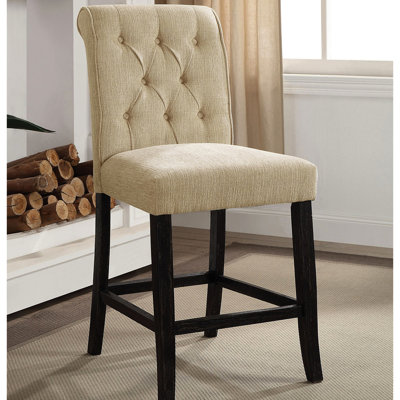 Chaises de salle à manger beige et noir antique, 2 chaises, dossier à volutes, boutons, bois massif pour manger des pièces et look chenille, siège, surface