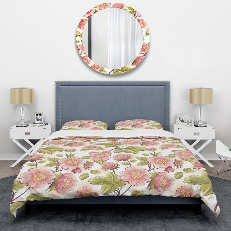 Fleurs roses et feuille verte - ensemble de housse de couette floral - microfibre de polyester