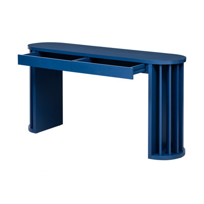 Navy Blue, 59 - Inch Table, Oak Veneer, Unique Design, Behind Couch, Strong And Console Straight Curved Lines, Living Room Display Piece