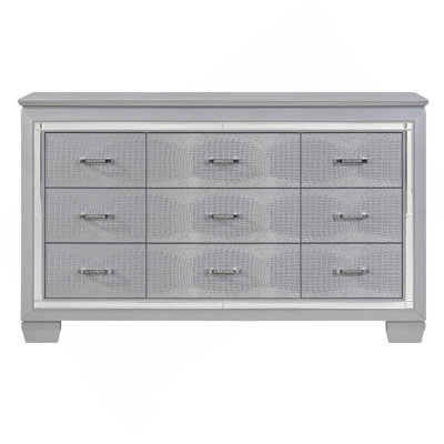 Modern Glam Silver Finish 1Pc Nine Drawers Dresser Faux Alligator Textured Drawers Fronts Faux Crystals Wooden Bedroom Furniture