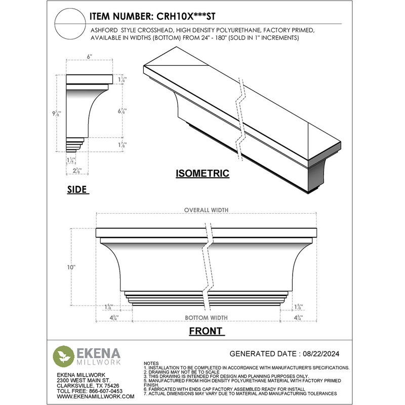Endurathane Ashford Crosshead, 100" Bottom Width x 109 3/4" Top Width x 9 5/8"H x 1 1/4"P, Factory Primed, 100 inches