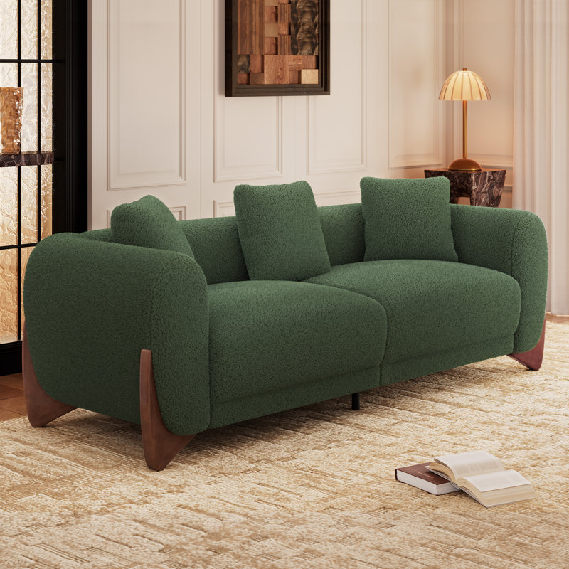 Sherpa Upholstered Sofa with Wood Wedge Legs, Green