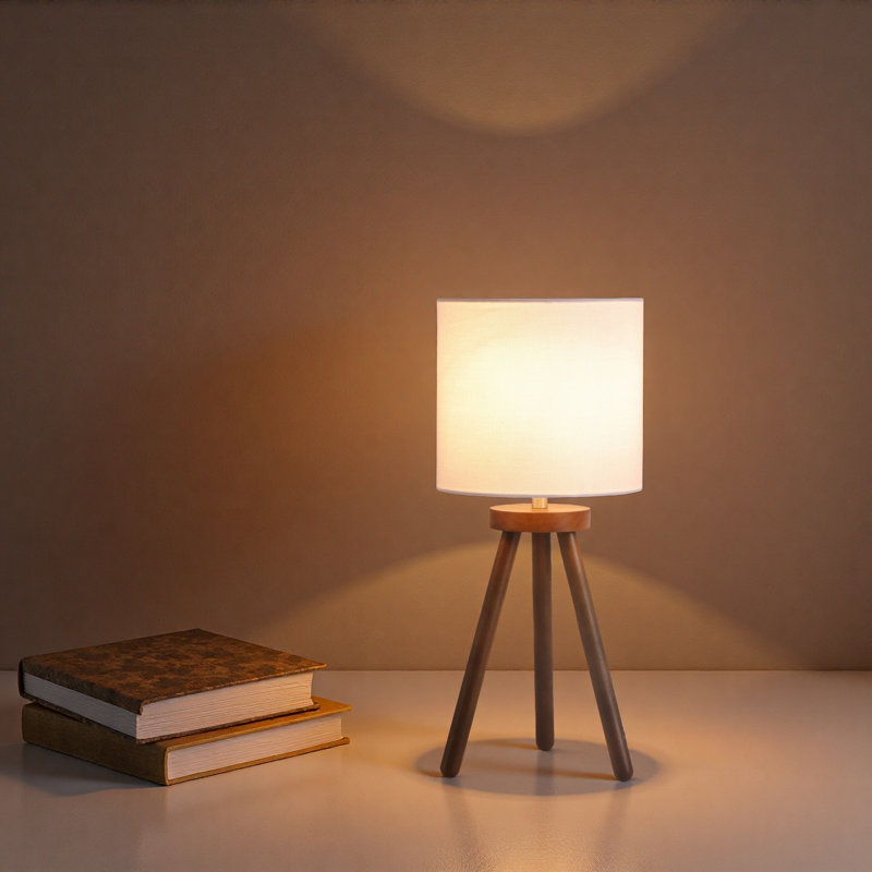 18 po Lampe de table à trépied en bois naturel avec abat-jour tambour en lin blanc, Blanc, Brun