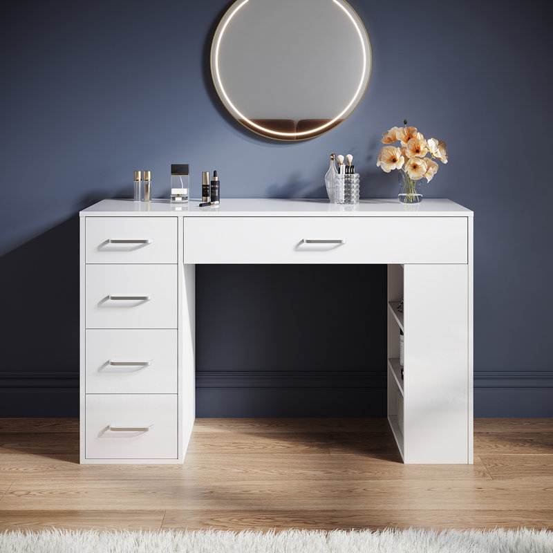 Full High Gloss Top Dressing Table with Grid Drawers, White