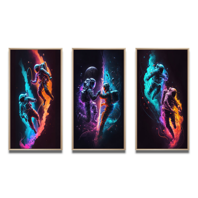 «Cosmic Astronaut Explorers», 3 pièces sur toile, Cadre naturel flottant, H 40 po x l 60 po