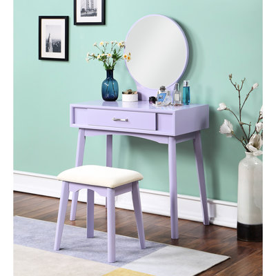 Contemporary Wood Vanity , Purple - Tapered Legs, 17.52"H Stool, 33.24"W X 16.69"D 54.26"H Overall Dimension And Stool Ensemble Modern Design, 30.24"H, Metal Glide Drawer For Smooth Use
