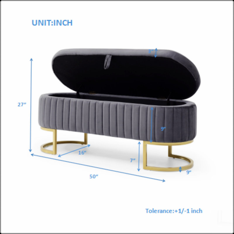 Banc de rangement gris en velours, Gris